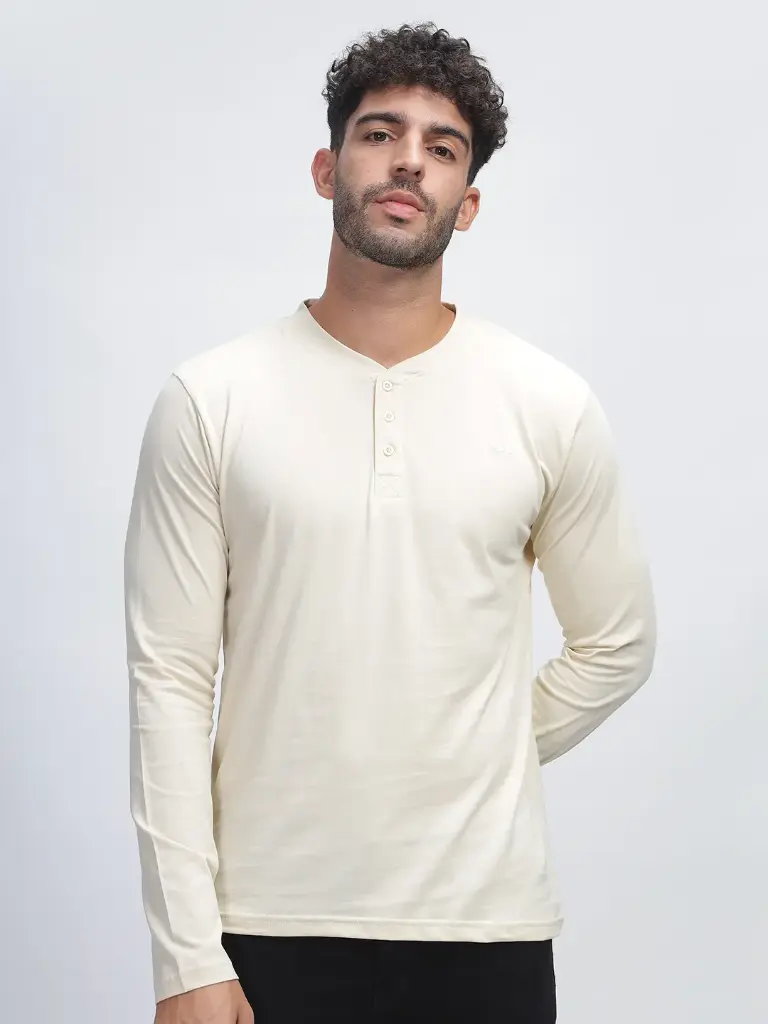 [M-HE-FS-BG-S-11] 100% Pure Supima Cotton Henley Full Sleeve - Beach (Beige) (S)
