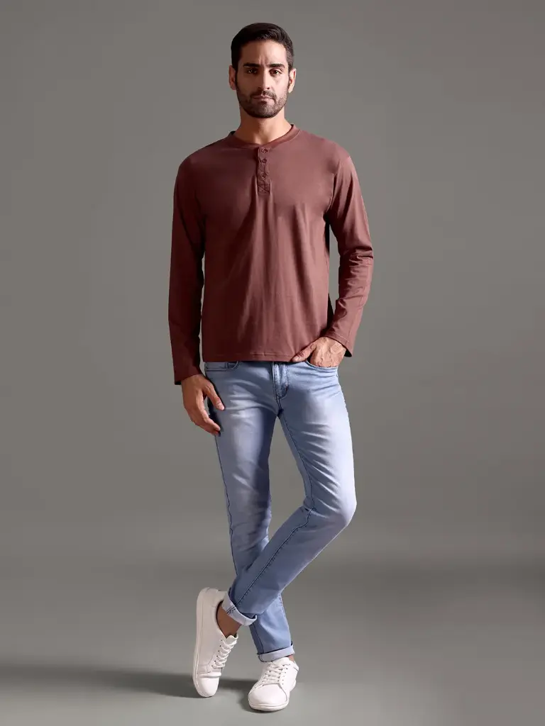 [M-HE-FS-RS-S-56] 100% Pure Supima Cotton Henley Full Sleeve - Rust (Deep Maroon) (S)