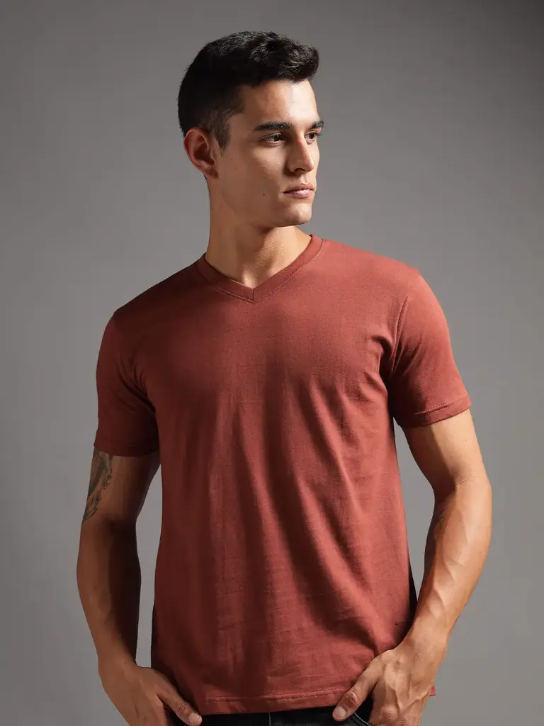 [M-VN-HS-RS-S-61] 100% Pure Supima Cotton V Neck - Rust (Deep Maroon) (S)