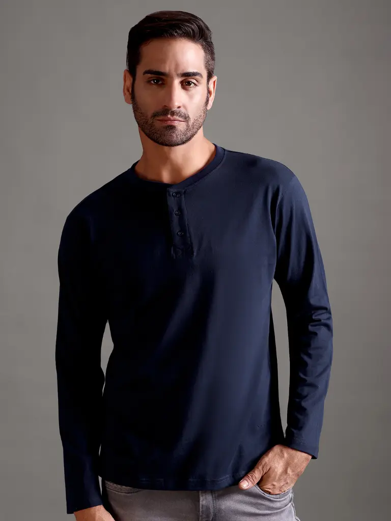100% Pure Supima Cotton Henley Full Sleeve - Night Fall (Navy)