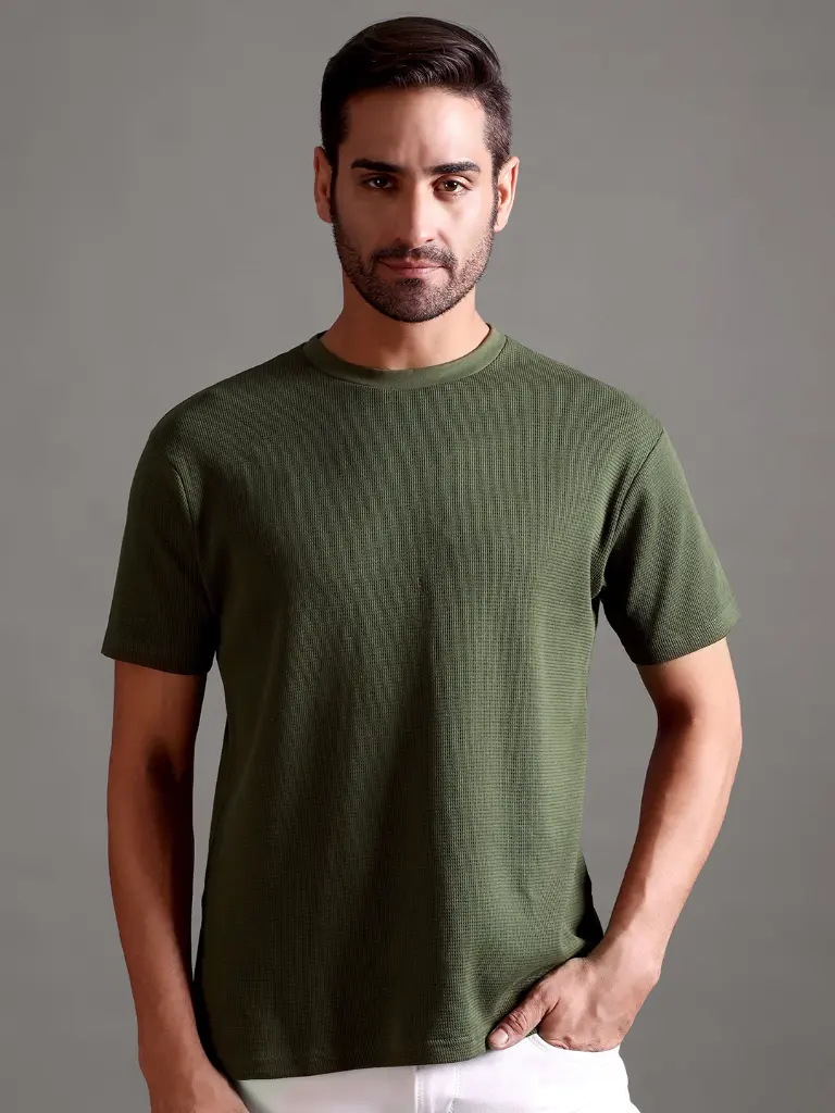 [M-RN-HS-TX-OL-S-121] Waffle Textured Crew Neck - Olive Green (S)