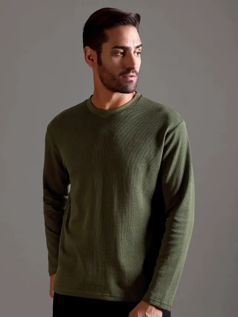 [M-RN-FS-TX-OL-S-126] Waffle Textured Crew Neck Full Sleeve - Olive Green (S)