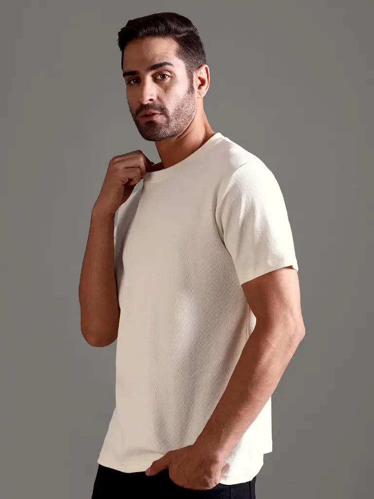 [M-RN-HS-TX-OW-S-131] Eyelet Waffle Textured Crew Neck - Off White (S)