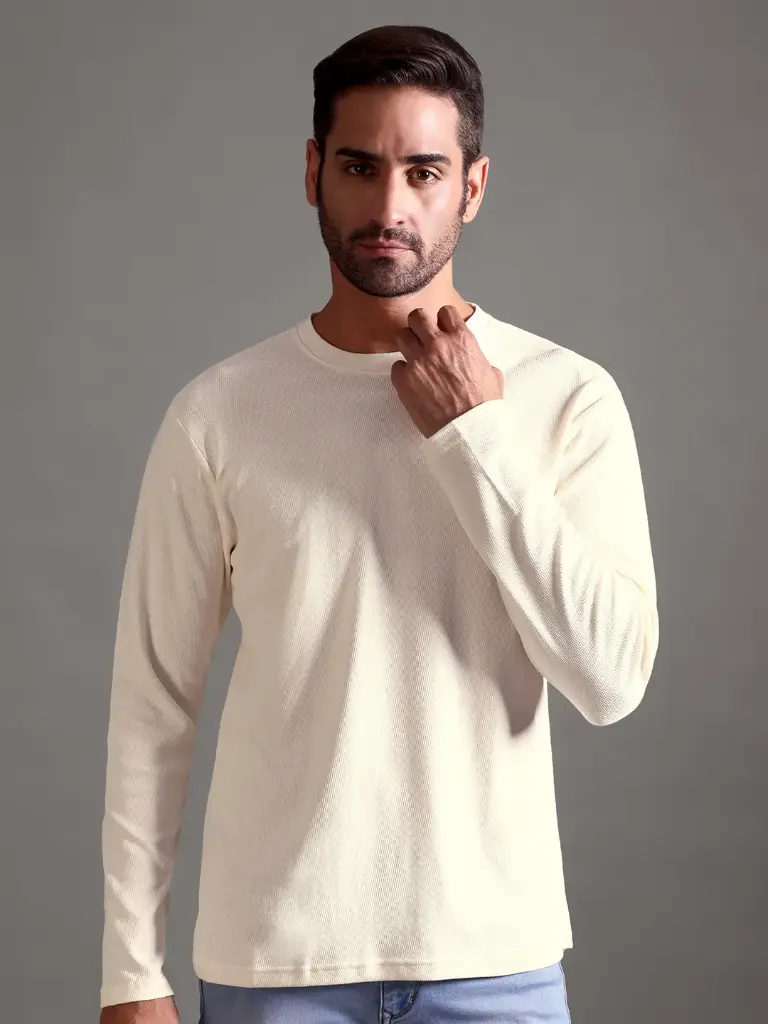 [M-RN-FS-TX-OW-S-136] Eyelet Waffle Textured Crew Neck Full Sleeve - Off White (S)