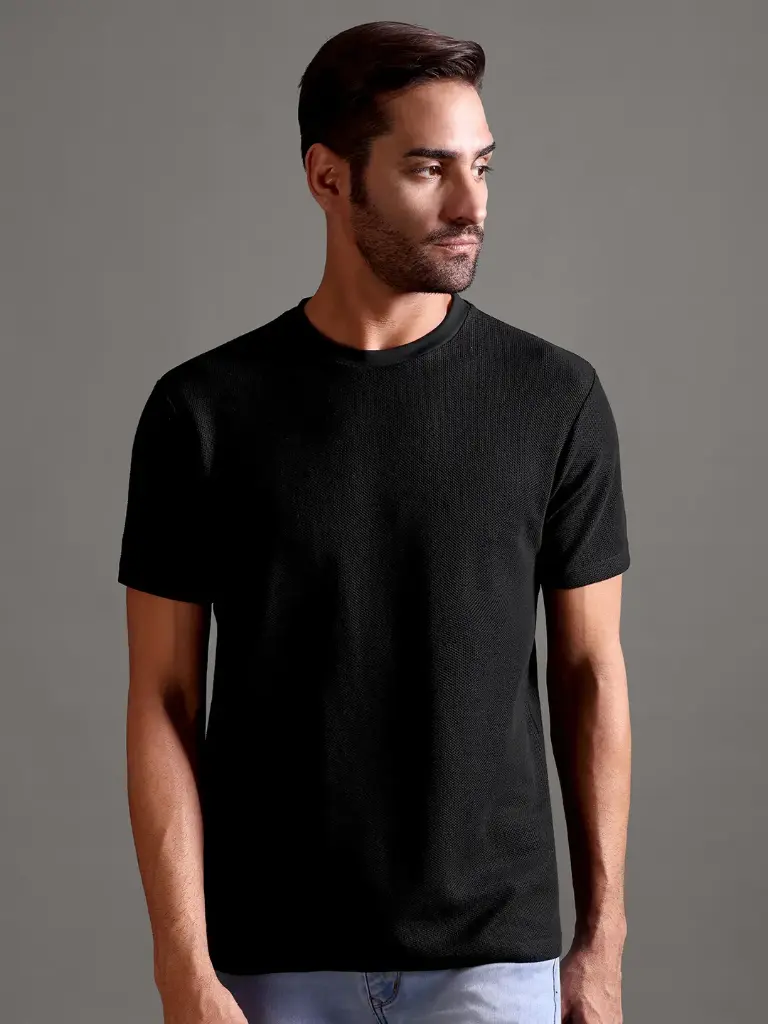 Honeycomb Waffle Textured Crew Neck - Black