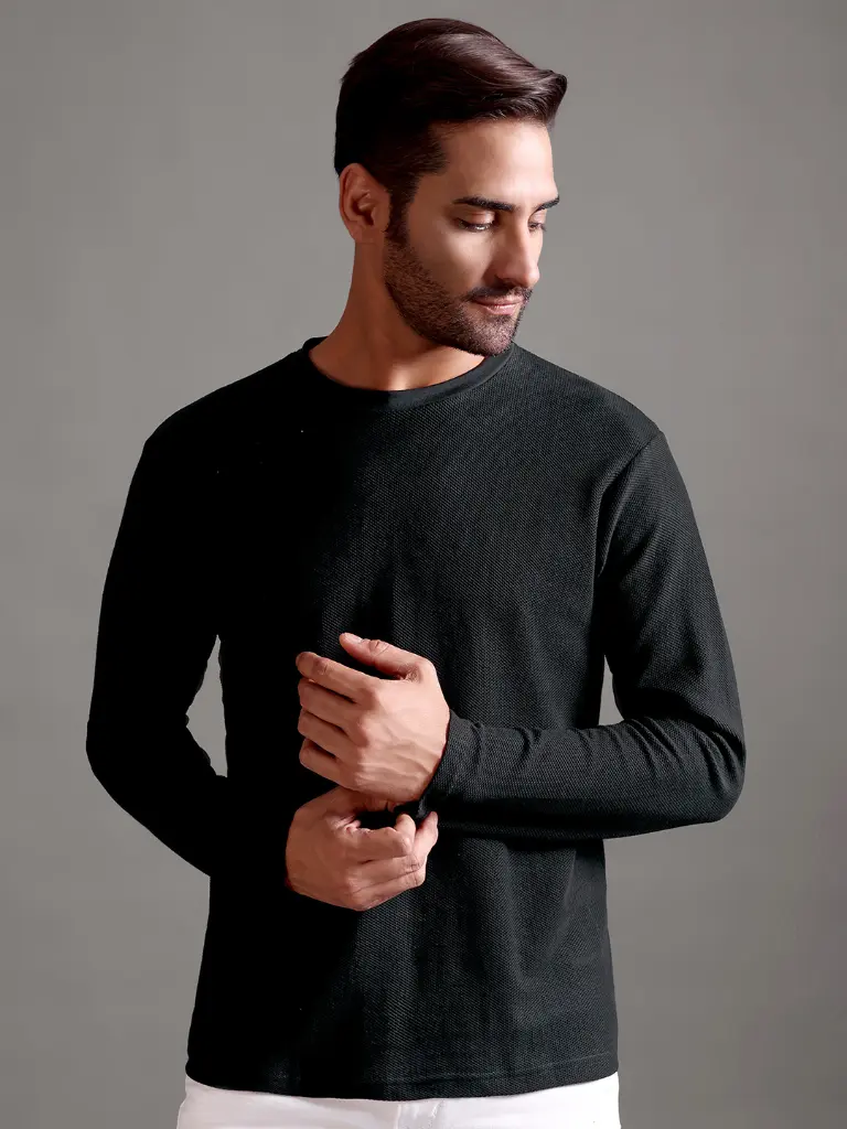 Honeycomb Waffle Textured Crew Neck Full Sleeve - Black