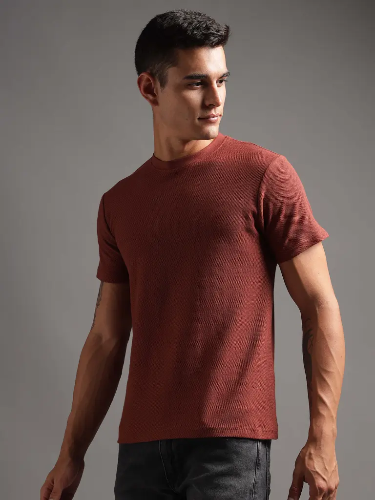 [M-RN-HS-TX-RS-S-151] Honeycomb Waffle Textured Crew Neck - Rust (Deep Maroon) (S)