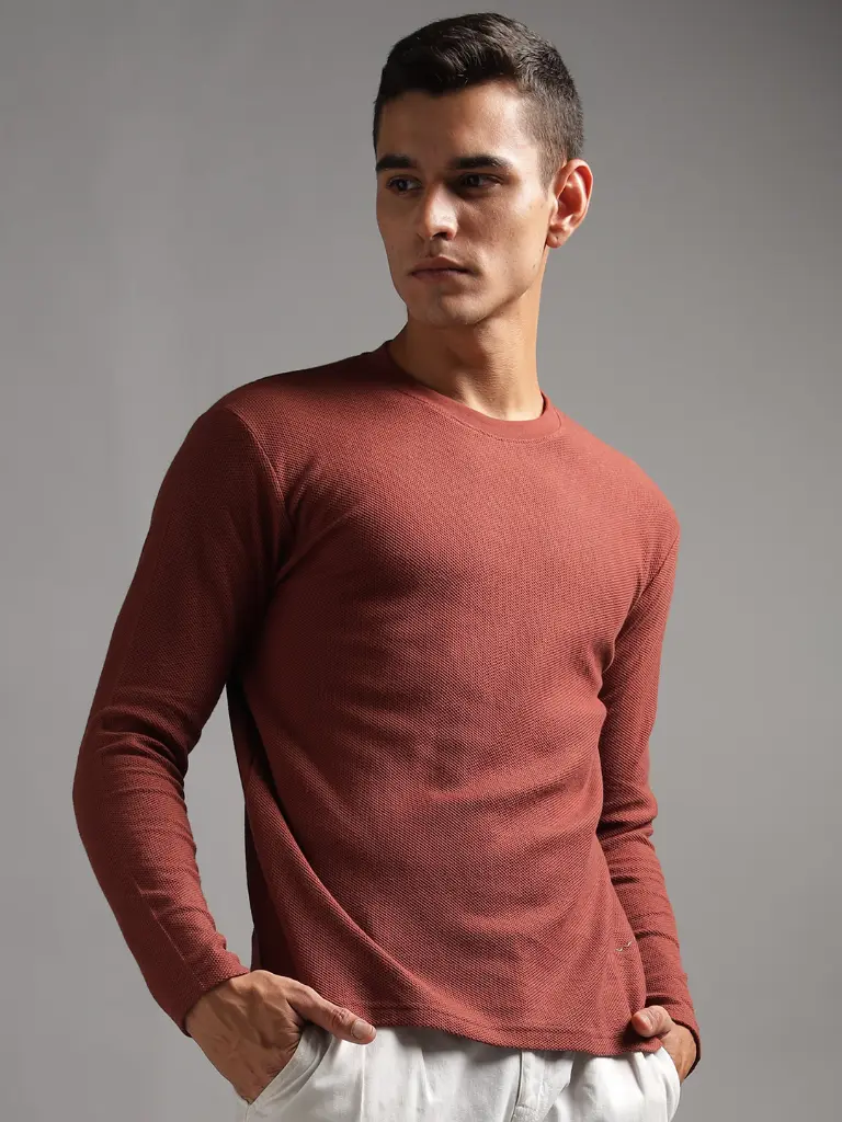 [M-RN-FS-TX-RS-S-156] Honeycomb Waffle Textured Crew Neck Full Sleeve - Rust (Deep Maroon) (S)