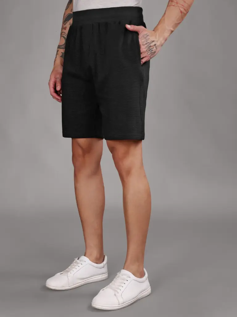 Ribbed Cotton Shorts with Zip Pocket - Black