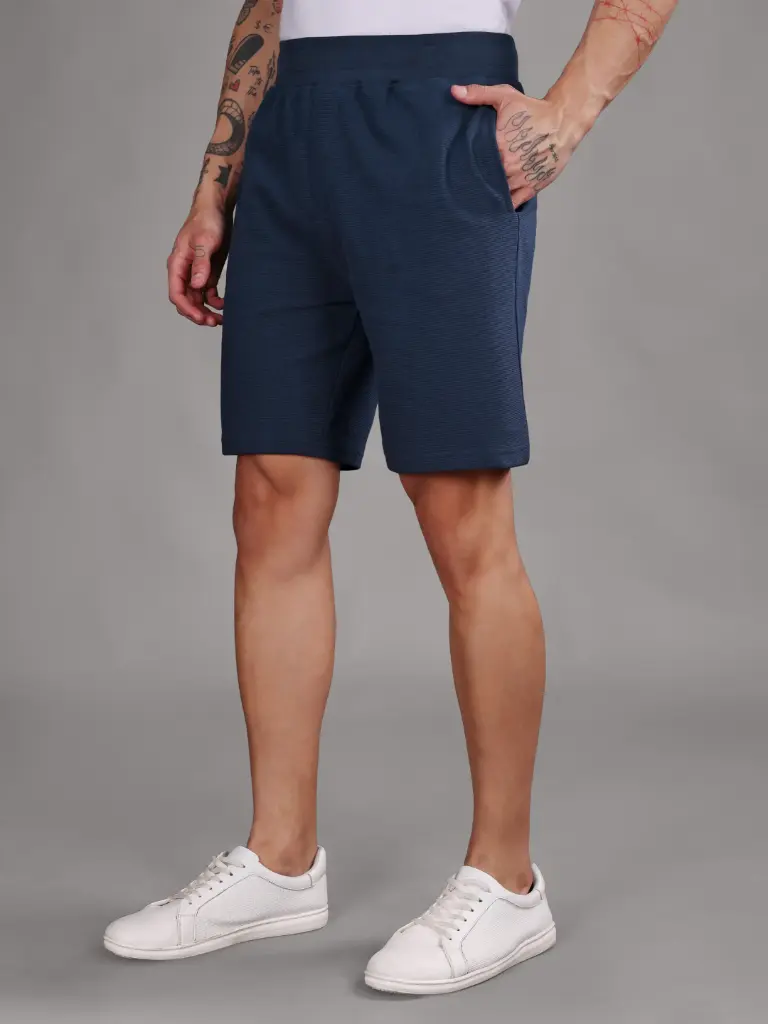 Ribbed Cotton Shorts with Zip Pocket - Navy Blue (350 GSM - Heavy)