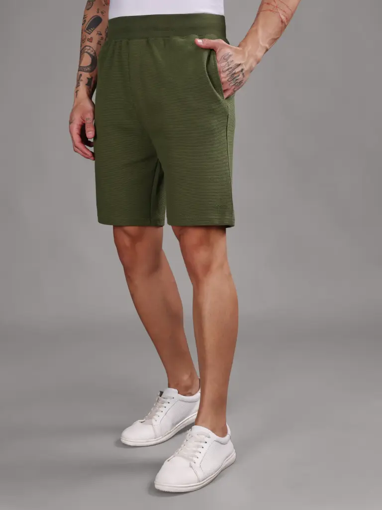 Ribbed Cotton Shorts with Zip Pocket - Olive Green