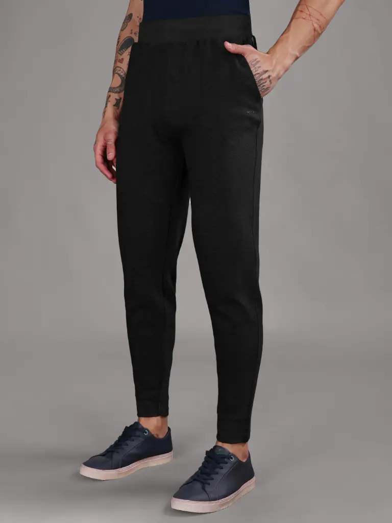 Ribbed Cotton Track Pant with Zip Pocket - Black (350 GSM - Heavy)
