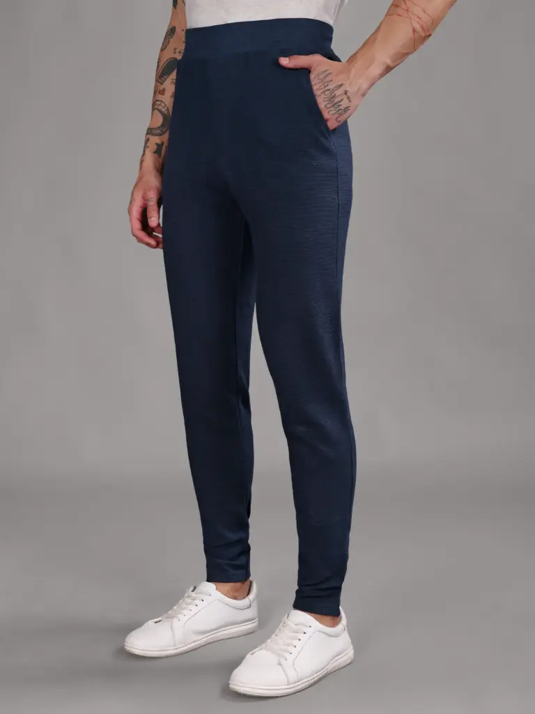 [M-TP-TX-NF-S-186] Ribbed Cotton Track Pant with Zip Pocket - Navy Blue (S)