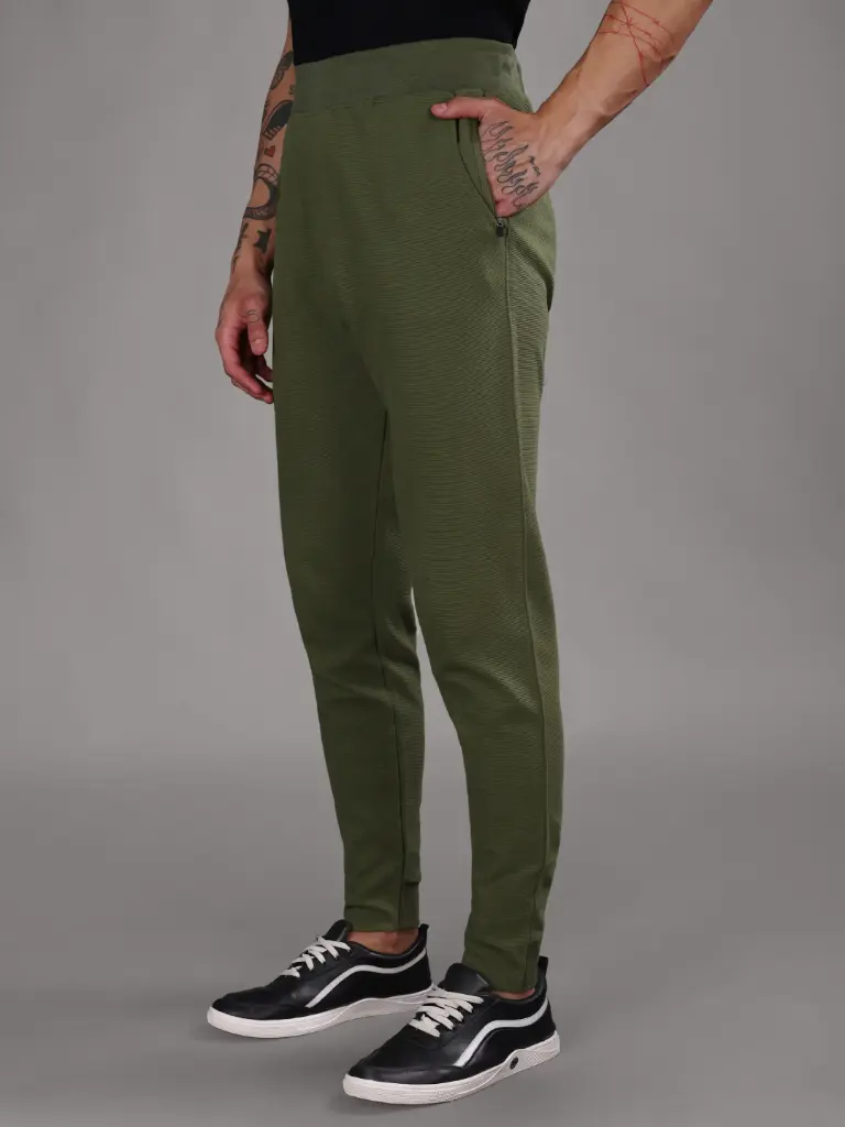 [M-TP-TX-OL-S-196] Ribbed Cotton Track Pant with Zip Pocket - Olive Green (S)