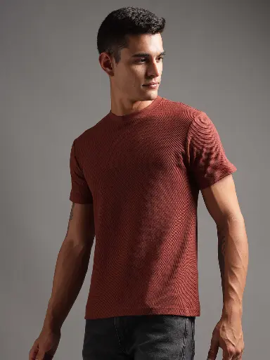 Honeycomb Waffle Textured Crew Neck - Rust (Deep Maroon)